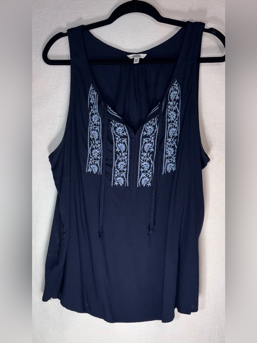Sonoma Womens XXL Navy Blue Embroidered Boho Challis Split-Neck Tank Top